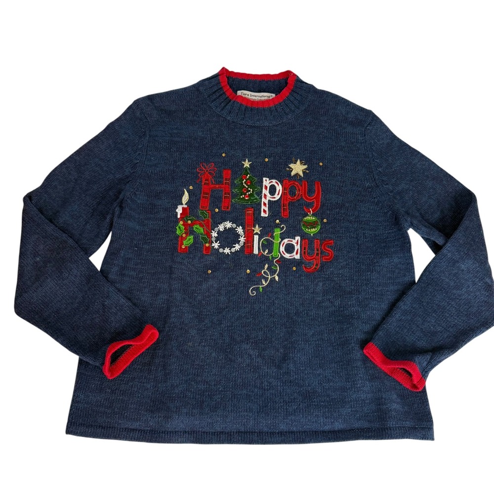 Tiara International Happy Holidays Christmas Sweater Navy Blue Red Women Large